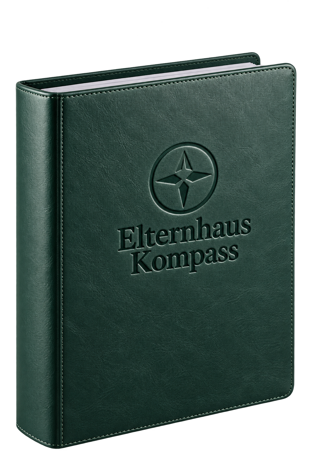 Die Elternhaus-Kompass Mappe: dunkelgrüne Ledermappe mit geprägtem Kompass-Symbol